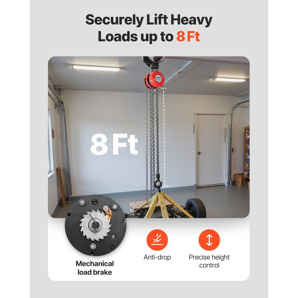 1T lastkettingtakel Handkettingtakel 8ft hefhoogtetakel met G70-ketting Zwaar uitgevoerde katrol Handmatige takels Kettingkatrol voor garagemagazijn Automobielmachines Rood