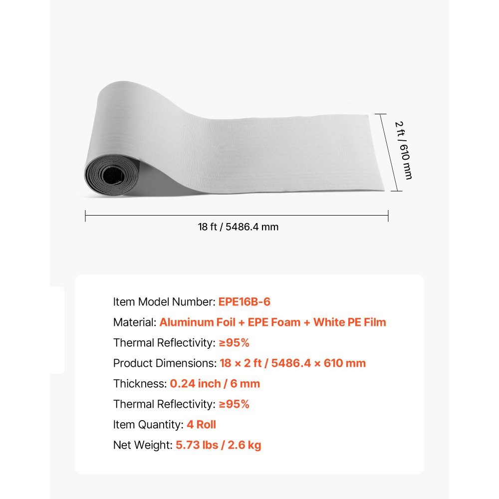 Film isolant, kit d'isolation thermique 6 mm, film réfléchissant 61 cm x 5,5 m, 4 rouleaux de barrière anti-radiation en feuille d'aluminium avec âme en mousse EPE, bouclier thermique blanc en film PE pour portes de garage.
