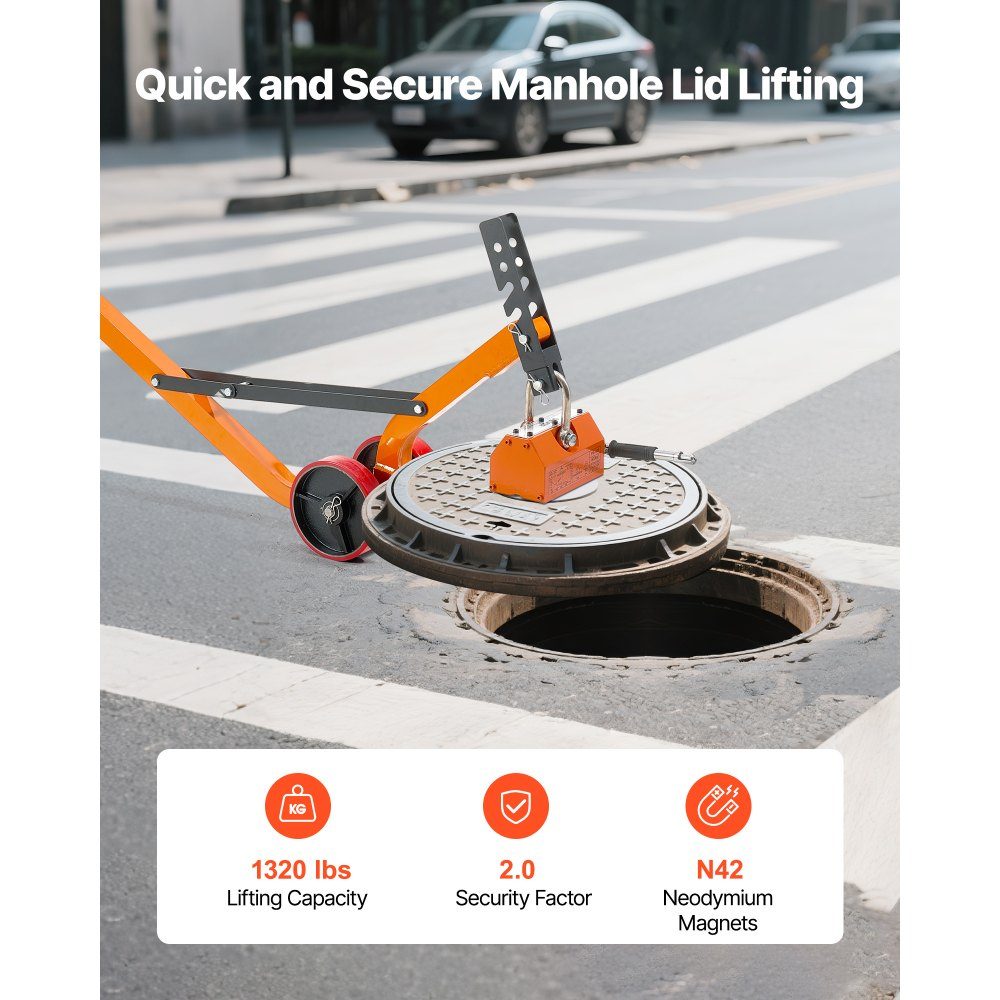 Load lifting magnet permanent magnet lifter with chassis, 600 kg pulling force, steel chassis with heavy-duty magnetic lifter & 2 wheels & adjustable handle, for lifting manhole covers