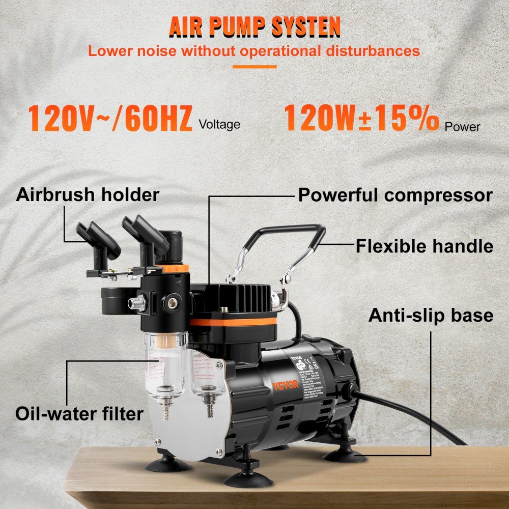 Professionelles Dual-Action-Airbrush-Spritzpistolen-Set, 18–23 l/min, 120 W, 230 V, Mini-Airbrush-Luftkompressor, Schwerkraft, Lackierpistole für Werbeillustrationen, Körperbemalung, Modellbau, Nageldesign