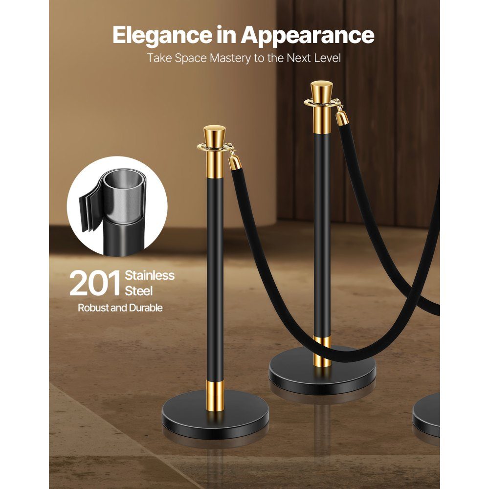Barrier posts (6 pieces) for crowd control with 4 black velvet ropes (1.5 m long), stainless steel barrier stand with refillable base for exhibitions