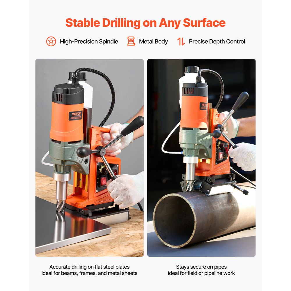 Perceuse magnétique 1400 W 50 mm de diamètre, direction réversible, perceuse magnétique pour surfaces métalliques, carottier électrique avec 11 forets pour bricolage industriel, orange Perceuse magnétique 1400 W 50 mm de diamètre, direction réversible, perceuse magnétique pour surfaces métalliques, carottier électrique avec 11 forets pour bricolage industriel, orange