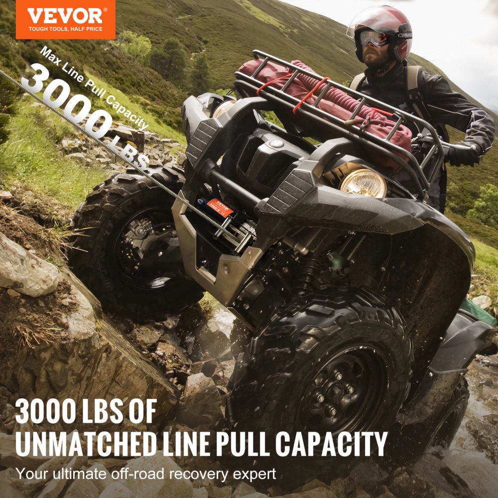 Treuil électrique, force de traction de 3 000 lb, 12 V CC pour ATV/UTV, avec câble en acier Φ 3/16" x 39 pieds, guide-câble à rouleaux, télécommande par câble, résistance à l'eau IP55, idéal pour la récupération tout-terrain UTV ATV