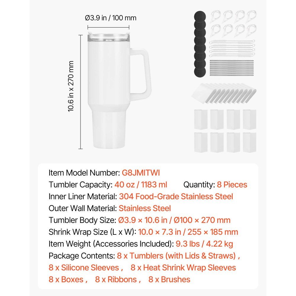 Sublimation Mugs 8pcs (1183ml), Stainless Steel Sublimation Mugs with Lid & Straw & Handle, Double Wall Insulated Sublimation Blanks for Custom DIY Design Gifts