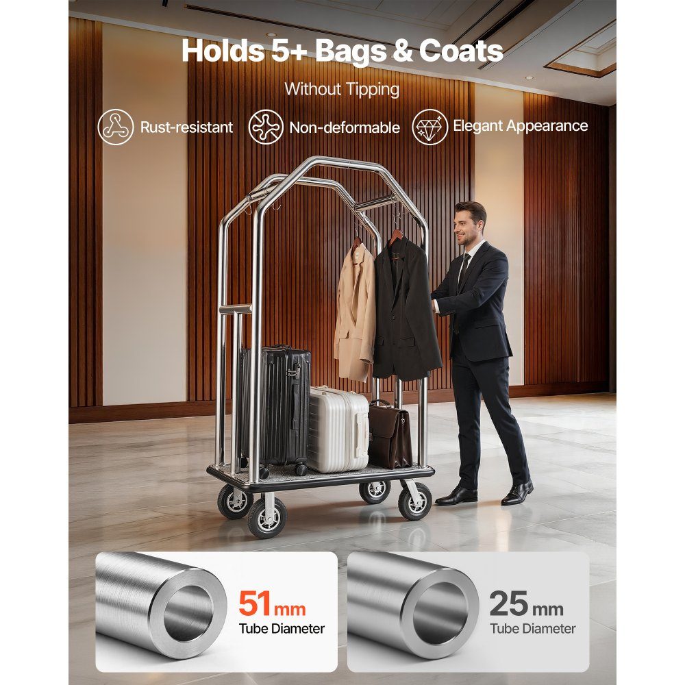 Roestvrijstalen hotelbagagewagen 1500 pond zware bagagewagen met 8 "rubberen wielen Hotelwagen met grijze tapijtvloer en kapstok Commerciële bagagewagen voor hotelsresorts Zilver – Artikelnr. HT-23177
