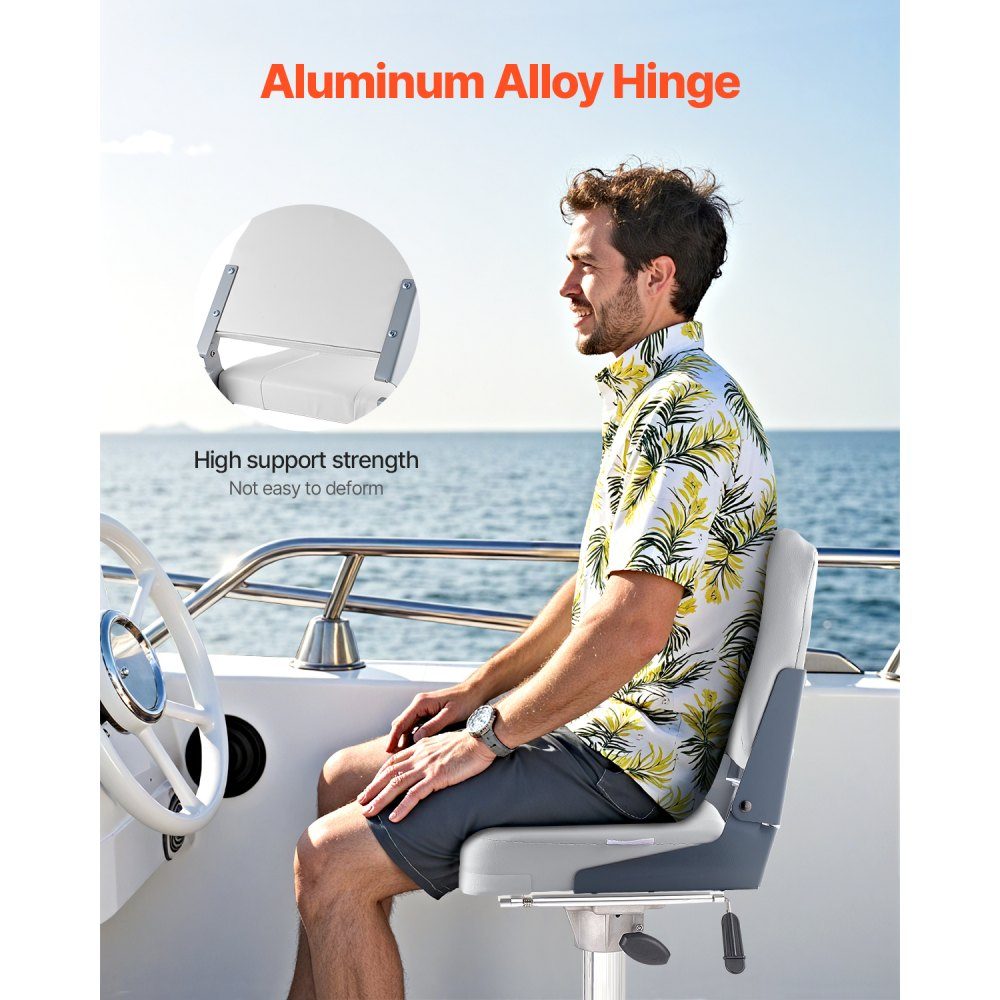 1 Piece Boat Seat Low Back Folding Fishing Boat Seat with Thick Sponge Cushion and Waterproof Hinges Made of PVC Leather and Aluminum Alloy for Yachts Boats White