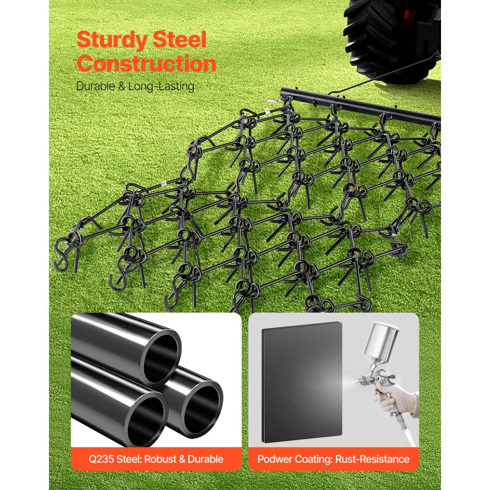 Drag Harrow 2250 x 1140mm Chain Harrow with 69 Sharp Teeth Suitable for ATV and UTV Tractors for Soil Preparation, Seeding, Landscape Smoothing and Gravel Driveway Maintenance Drag Harrow 2250 x 1140mm Chain Harrow with 69 Sharp Teeth Suitable for ATV and UTV Tractors for Soil Preparation, Seeding, Landscape Smoothing and Gravel Driveway Maintenance
