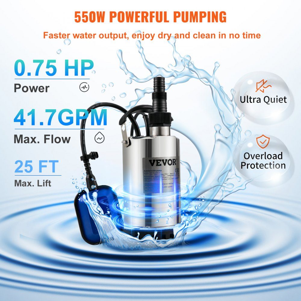 Vuilwaterpomp 550W dompelpomp 230V tuinpomp opbrengst 9500L/u vuilwater dompelpomp IPX8 uitlaat op maat te knippen voor het verpompen van water uit zwembaden, vijvers, kelders
