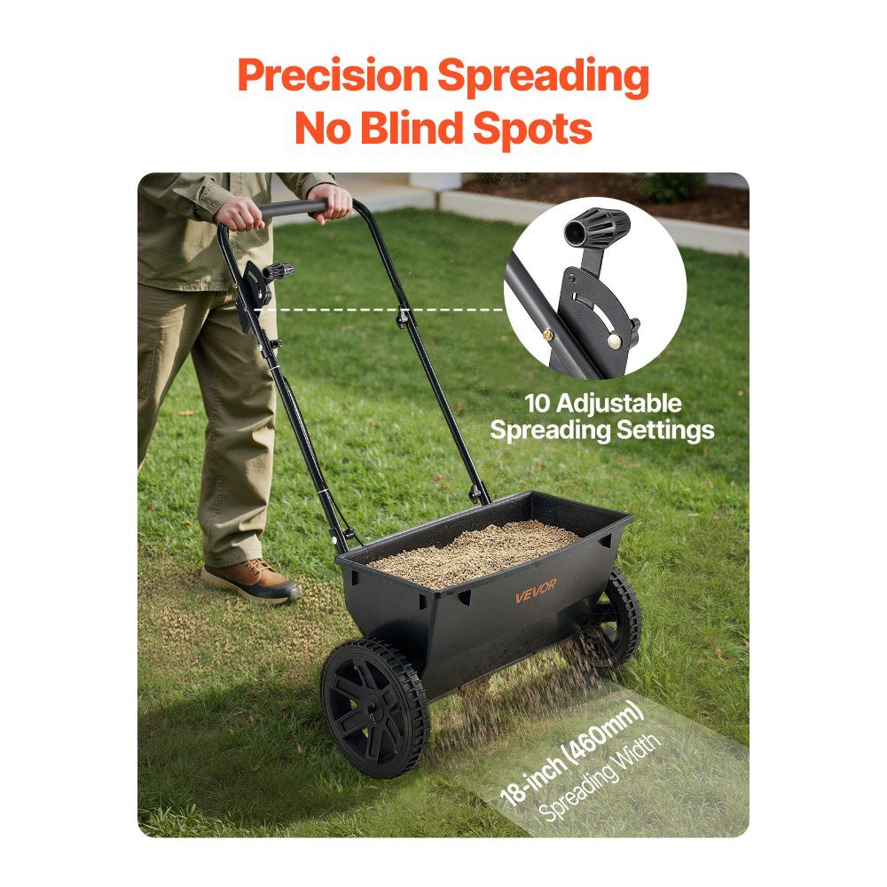 Spreader, 22.6 kg capacity, centrifugal spreader with filling funnel, 460 mm spreading width & 10 adjustment options, 25.4 cm tires, fertilizer spreader for seeds, fertilizer
