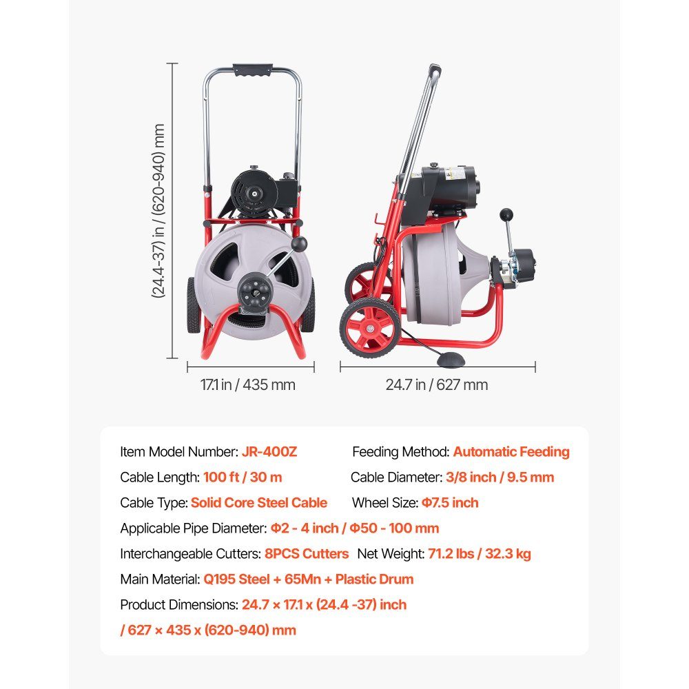 Rohrreinigungsmaschine 30 m x 9,5 mm, Rohrreinigungsgerät mit automatischem Vorschub, 8 Schneidwerkzeugen & pneumatischem Fußschalter, Rohrreiniger für Rohrdurchmesser von 50 bis 100 mm