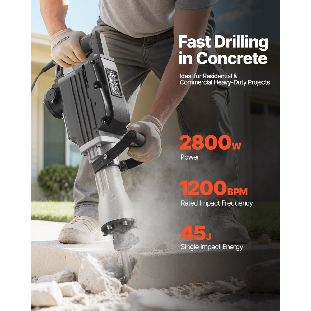 Demolition Hammer Electric Concrete Hammer 2800 W, 1200 BPM Air Hammer with 3 Chisels & a Clay Spade & Gloves & Safety Glasses, for Concrete Walls, Bricks, Tiles, Foundations, Black