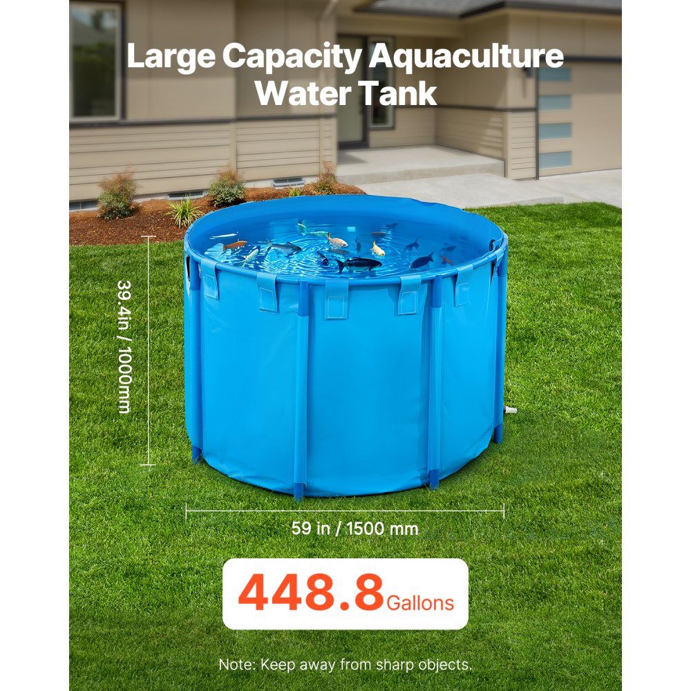 Étang à poissons en PVC d'une capacité de 1 700 L pliable pour aquarium rond avec cadre robuste et valve de vidange pour l'élevage de poissons rouges Koi (bleu)