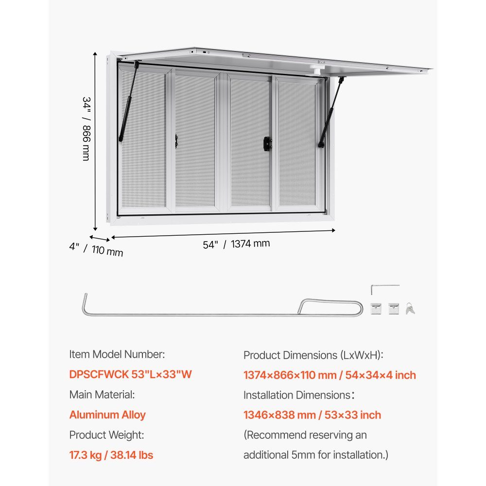 Snack window (installation dimensions 1346 x 838 mm) swiveling, snack trailer serving window with 85° opening angle & 4 sliding windows, snack window for snack stand snack carts