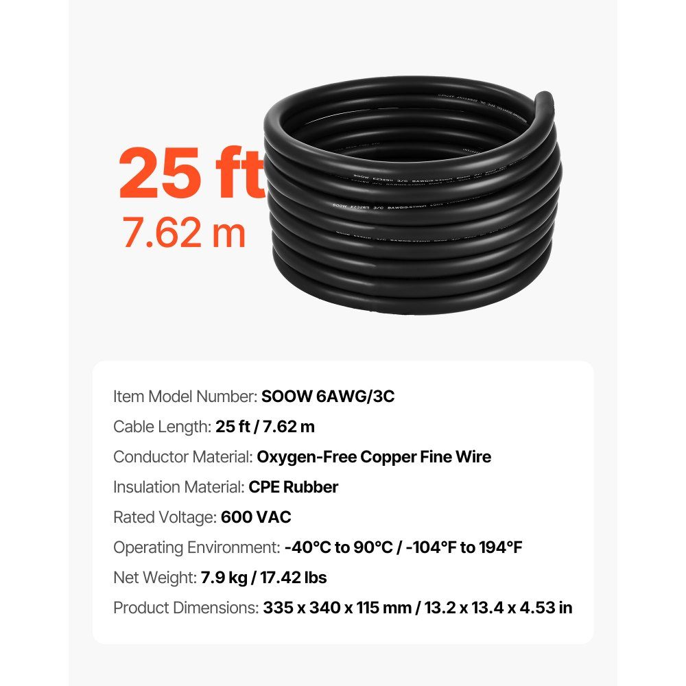 25ft 6AWG (16mm²) Electrical Cable Power Cable Copper Extension Cable 600V