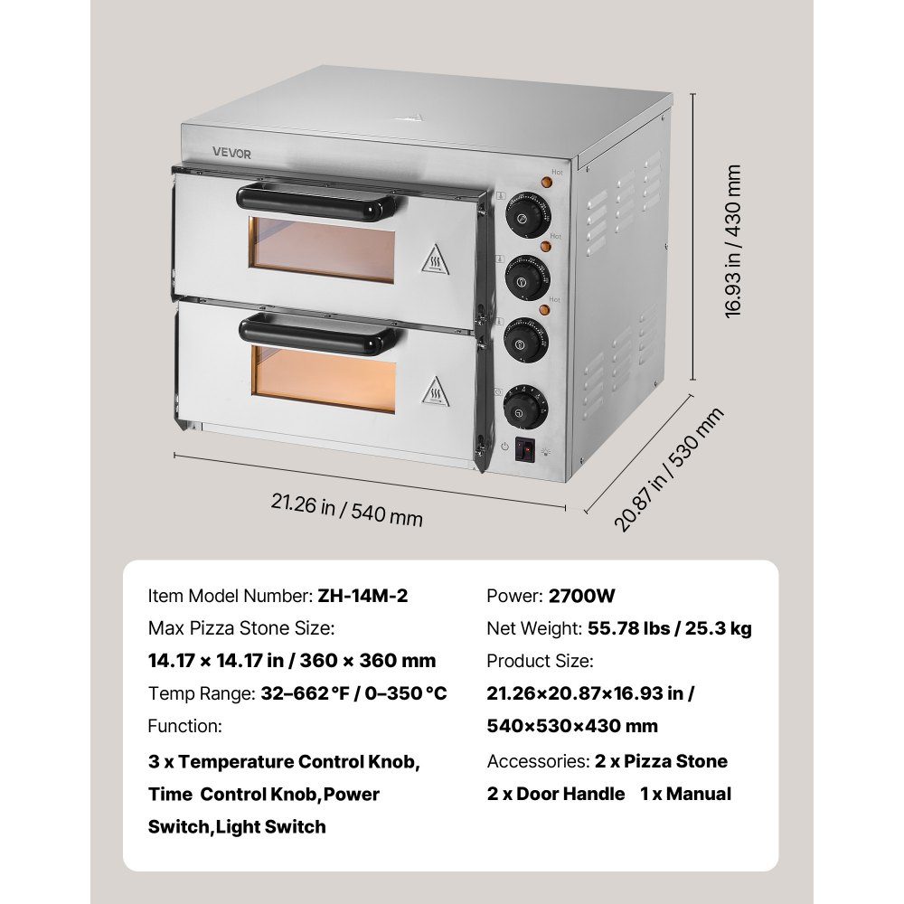 Commercial Countertop Pizza Oven, 14 Inch Double Decker Layer Stainless Steel Electric Pizza Oven with Stone and Handle, Multipurpose Indoor Pizza Machine for Baking Pretzels in Restaurant at Home