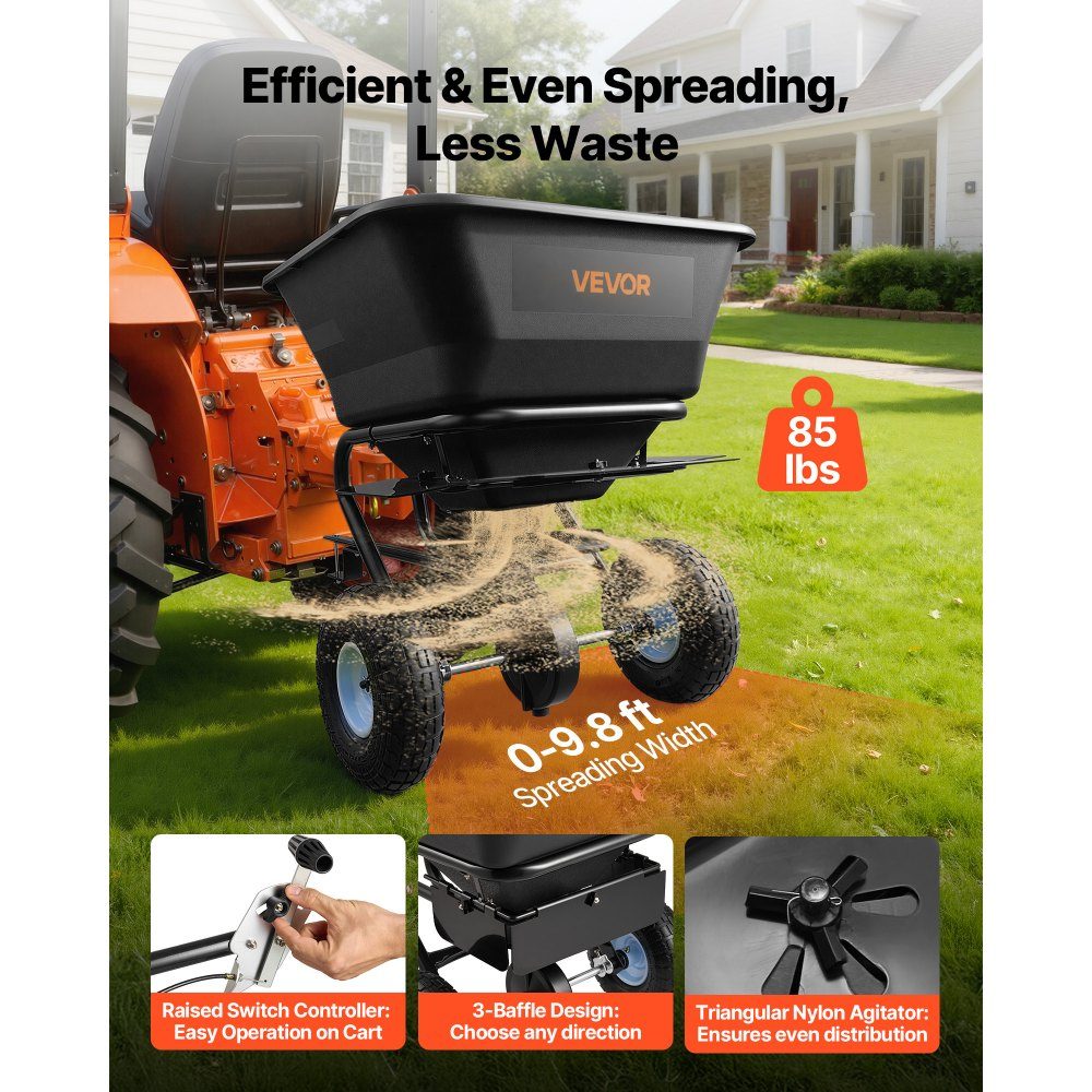 Spreader 38.6 kg load capacity, centrifugal spreader trailer spreader 3 m spreading width, spreading trailer with 25.4 cm tires, adjustable spreading quantity, lawn spreader for seeds, fertilizer and road salt