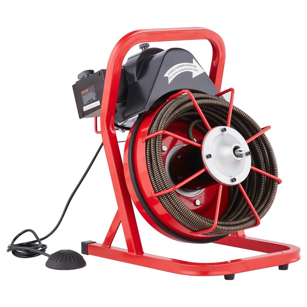 Pipe Cleaning Machine 50 FT x 1/2 Inch, Manual Feed Duct Spiral, 250W Electric Pipe Cleaning Machine with 4 Cutters and Air Activated Foot Switch for 2" to 4" Pipes