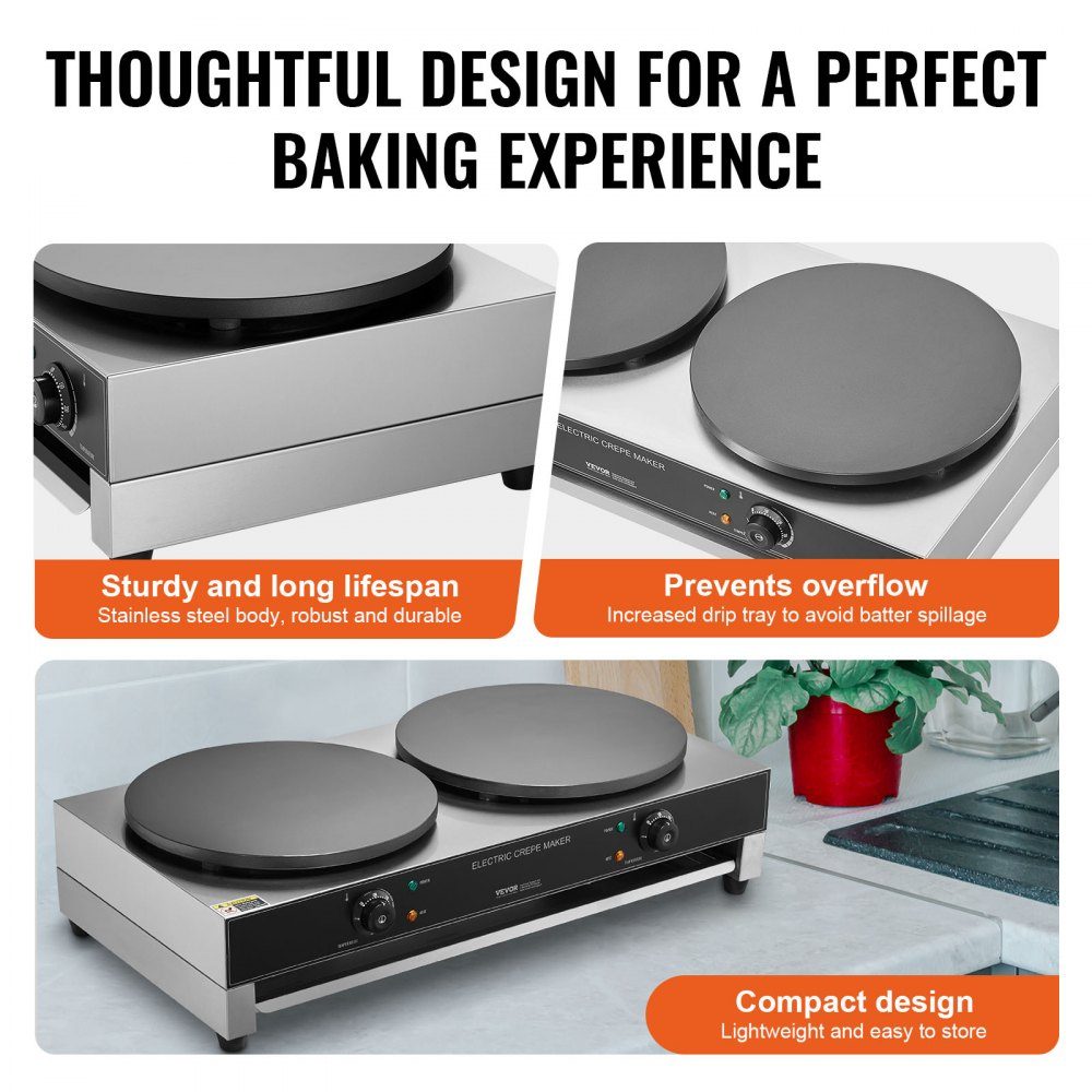 Electric Crepe Maker, Double Head Crepe Machine, 6000W Flat Crepe Grill Plate, Stainless Steel Pancake Oven, Cereal Pancake Oven, Temperature Control (No Plug)
