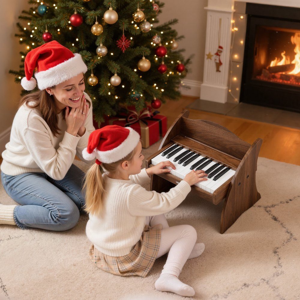 Children's keyboard, 25 keys, electric piano, wooden piano for children aged 3 and over, musical toy with realistic sound, dual power, adjustable volume, early musical education, walnut wood