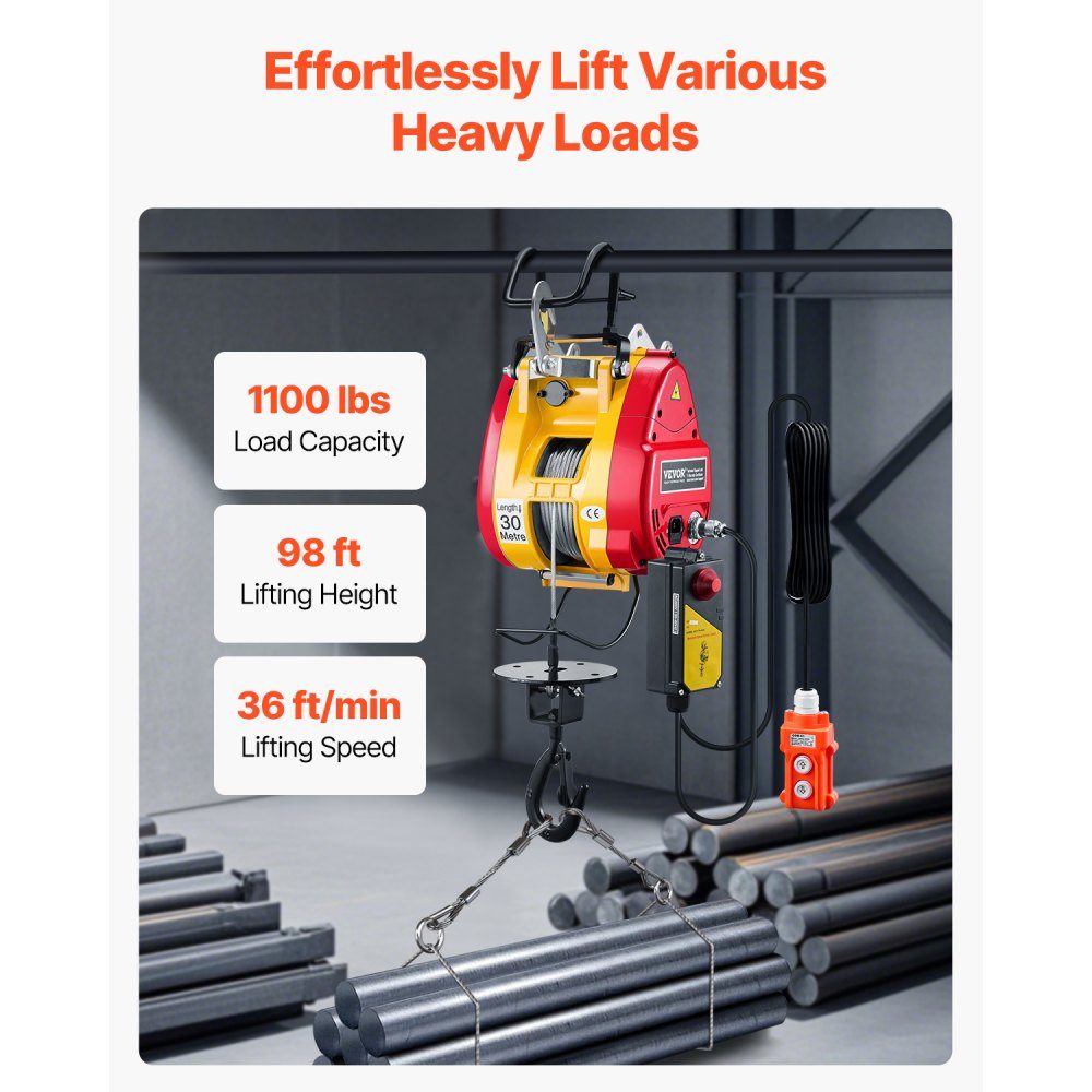 2 in 1 Electric Hoist Winch, 500kg Load Capacity, 1800W Portable Winch, 30m Lifting Height, 11m/min with Cable and Wireless Remote Control, for Garage, Warehouse, Factory, Lifting and Towing Work