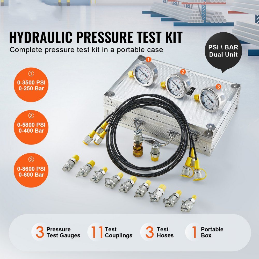 Kit de test de pression hydraulique, 250/400/600 bar, 3 jauges, 11 raccords de test, 3 tuyaux de test, ensemble de jauges de test hydraulique pour excavatrices avec sac de transport portable pour excavatrices, tracteurs, machines de construction