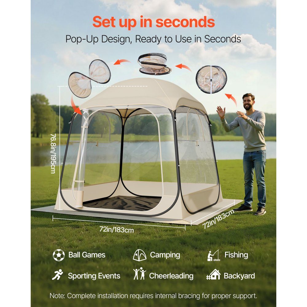 Transparentes Zelt, 183 x 183 x 195 cm, Pop-Up-Zelt für 5–6 Personen, Sportzelt mit Bodenmatte und oberer Abdeckung, Outdoor-Blasenzelt, Camping-Unterstand für Veranstaltungen, Angeln, Jubeln
