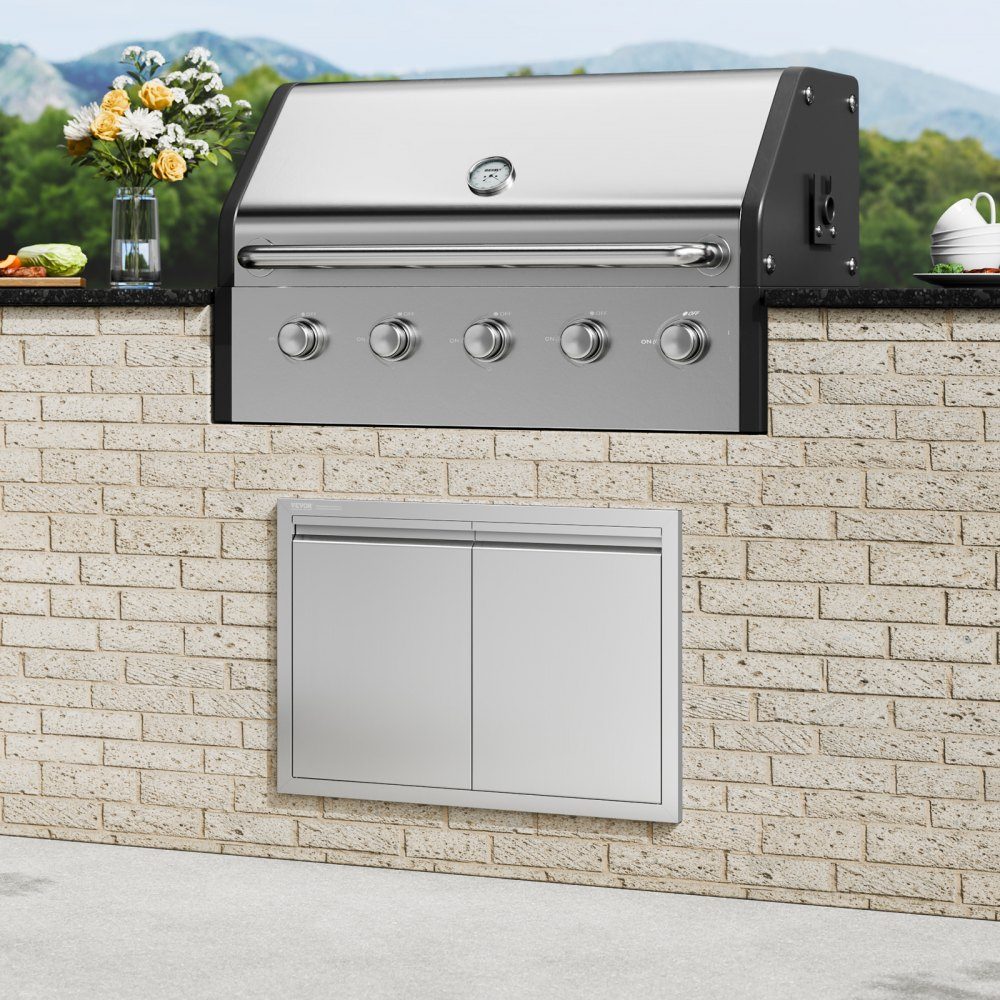 Porte d'accès au gril 762x532x45mm Double porte de cuisine extérieure encastrée en acier inoxydable, porte murale verticale avec poignées rétractables pour Grill Island Grill Station armoire extérieure, etc.