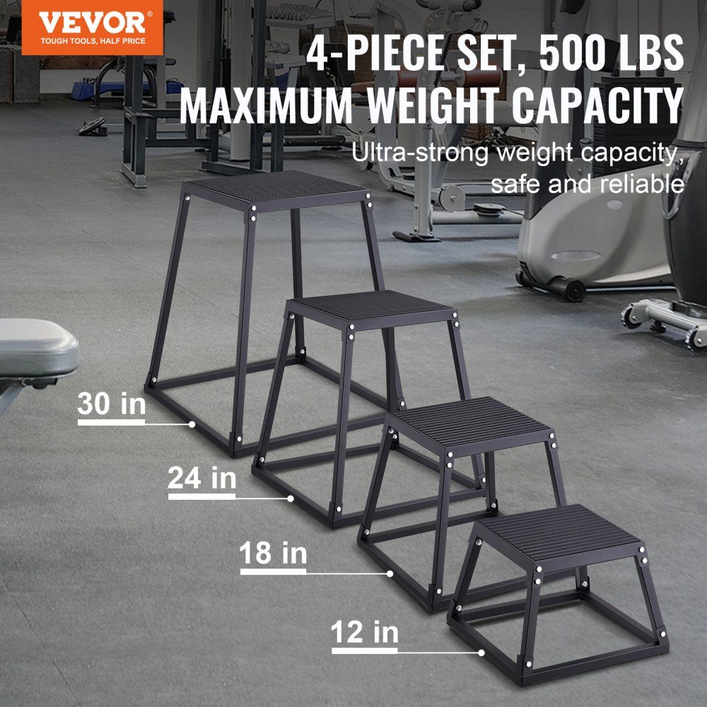 4 Piece Plyometric Jump Boxes, 305/458/609/762mm Plyometric Box Black, Non-Slip Fitness Exercise Step Up Box Set for Home Fitness Training, Conditioning Strength Training, Jump Training