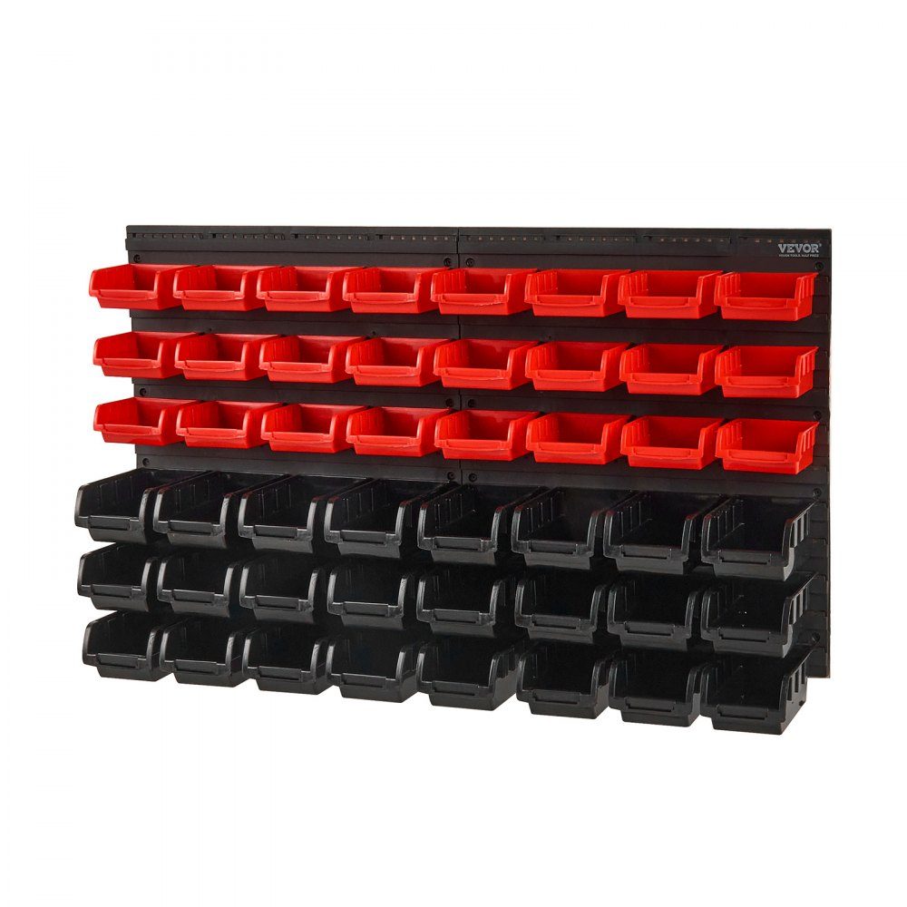Stacking Boxes, 48 ​​Container Parts Shelf Organizer for Garage, Plastic Shop Tool with Wall Panels, Tool Organizer for Nuts, Bolts, Screws, Nails, Beads, Buttons, Black and Red