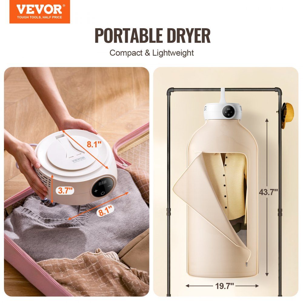 600W Portable Tumble Dryer, Rotary Clothes Line with Dryer Bag, PTC Heater and LED Display, Foldable Mini Dryer with 5 Hour Timer for Apartments, Dorms, RVs or Hotels