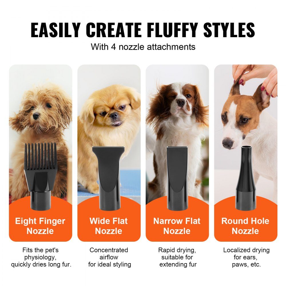 Sèche-poils pour chien, 2000 W, vitesse du vent 70 m/s, sèche-poils pour animaux de compagnie, sèche-cheveux pour toilettage, souffleur à 4 buses avec tuyau élastique, plage de température de 29,4 à 57,2 °C, sèche-poils pour animaux de compagnie