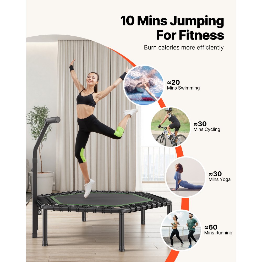 Indoor fitnesstrampoline voor volwassenen, mini-trampoline met een draagvermogen van 205 kg, rebounder-trampoline van 1385 mm met in 3 niveaus in hoogte verstelbare handgreep en schuimrubberen handgreep, hometrainer, sportuitrusting Indoor fitnesstrampoline voor volwassenen, mini-trampoline met een draagvermogen van 205 kg, rebounder-trampoline van 1385 mm met in 3 niveaus in hoogte verstelbare handgreep en schuimrubberen handgreep, hometrainer, sportuitrusting