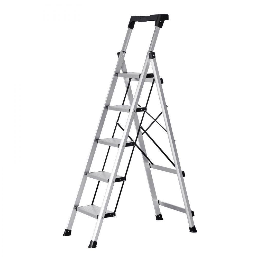Step Ladder 5 Steps, Folding Ladder with Anti-Slip Steps & Comfortable Handle, Household Ladder Load Capacity 150kg, Aluminum Safety Ladder for Kitchen, Warehouse, Home & Office, Silver