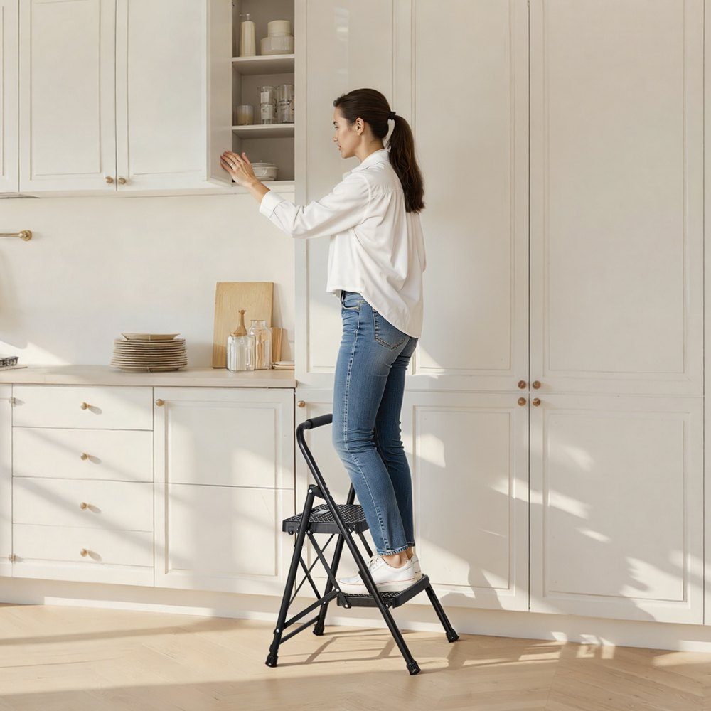 Step Ladder 2 Steps, Folding Ladder with Anti-Slip Steps & Comfortable Handle, Household Ladder with a Load Capacity of 272kg, Folding Step, Safety Ladder for Kitchen, Home & Office, Black