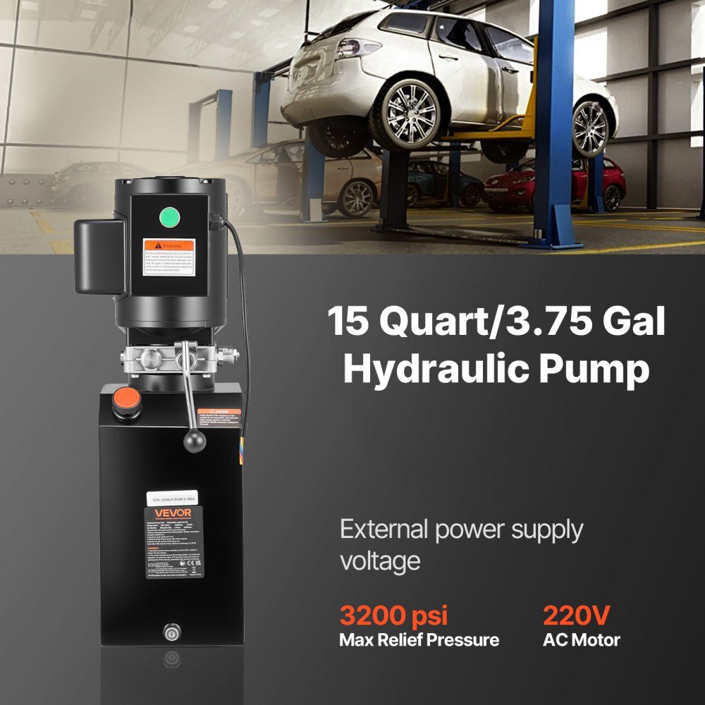 Hydraulic Pump Hydraulic Units AC 220V, 15Qt Single Acting Hydraulic Unit, 6.3L/min Oil Flow, Max Delivery Pressure 22MPa for Dump Trucks, Automotive Workshops, Lifts, Black