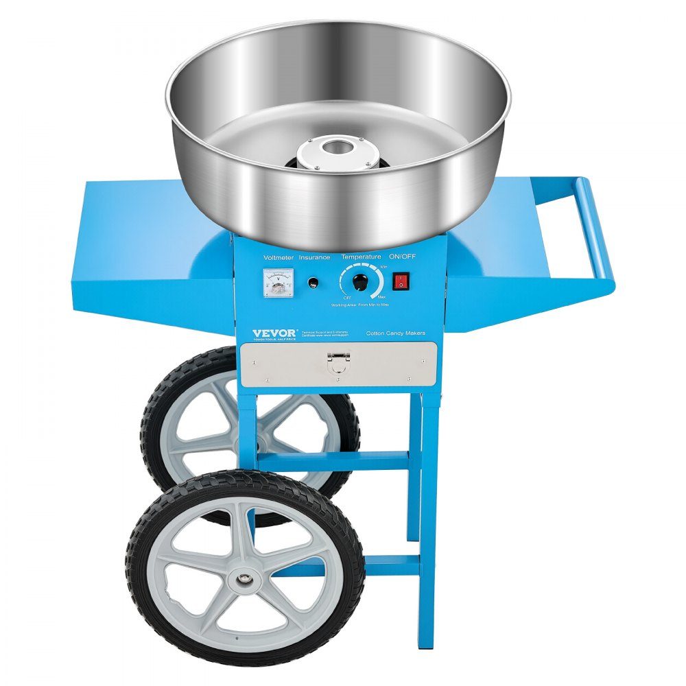 Machine à barbe à papa électrique, machine à barbe à papa commerciale avec chariot (1000 W), avec bol en acier inoxydable de 52 cm, cuillère à sucre et tiroir, parfaite pour les anniversaires d'enfants, les réunions de famille, bleu