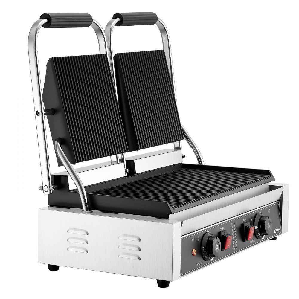 Commercial Contact Grill 3600W Electric Grill Sandwich Maker (Double Baking Plates) Stainless Steel Panini Press with Temperature Control, 48x23cm Grooved Enamel Plate for Hamburger Steak Bacon