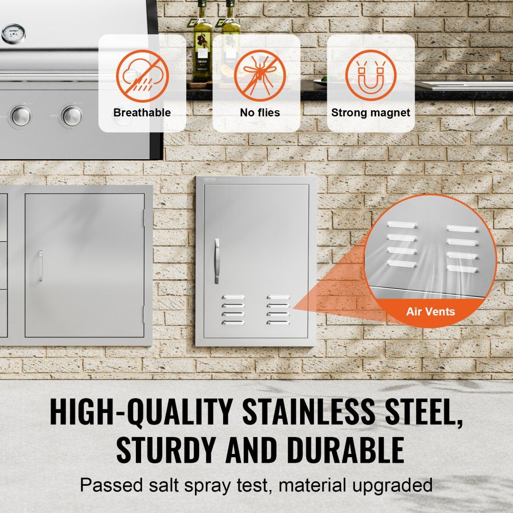 Grill Access Door 610x431mm Single Outdoor Kitchen Door Flush Mount Stainless Steel Door Vertical Wall Door with Handle, Vents and Hooks for Grill Island Grill Station