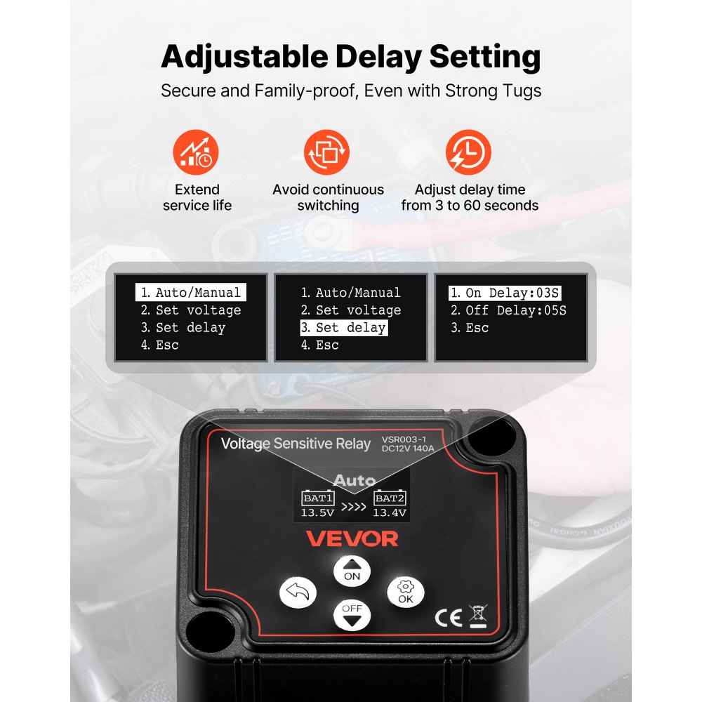 Dual Battery Isolator Relay Kit, 12V 140A 6m 13.3mm² (6AWG) VSR Voltage Sensitive Relay with Voltmeter LCD Screen Battery Isolator Switch Compatible with Lithium Batteries for UTV ATV