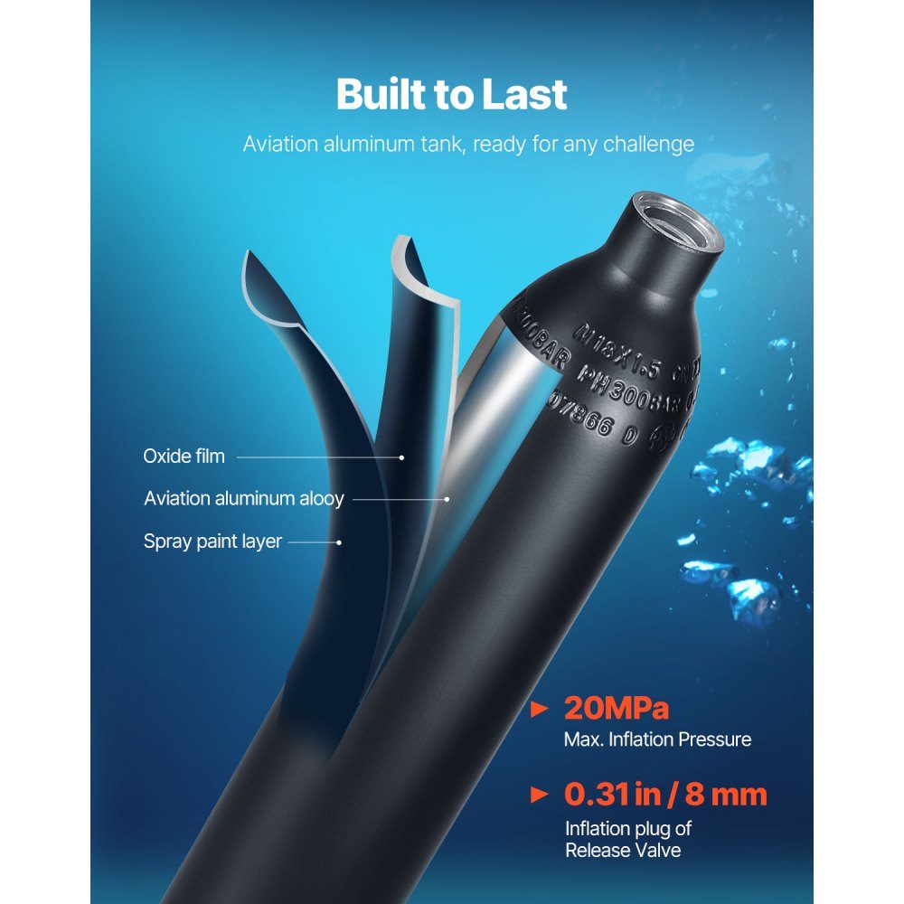 0.5L Diving Bottle, Portable Diving Bottle, Oxygen Bottle for Diving Support, 5-10 Minutes Underwater Breathing, 30m Diving Depth, Refillable Snorkel Air Tank with Pump