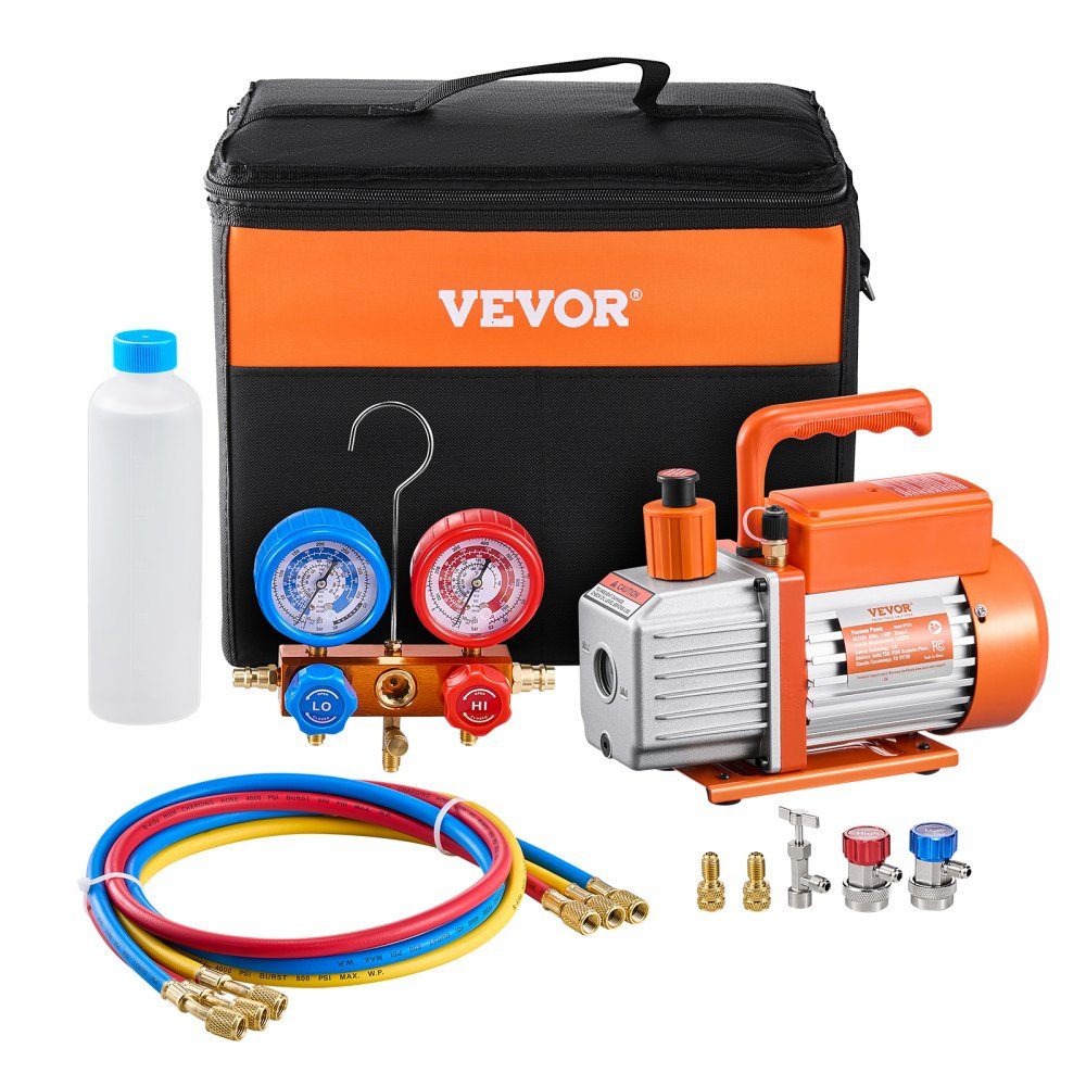 3,5 CFM AC-vacuümpomp en meterset, eentraps roterende schoepen HVAC-luchtvacuümpomp, A / C-koelmiddelspruitstukmeterset voor R134a, R12, R22, R502a, R410A, R404, R407C-koelmiddel