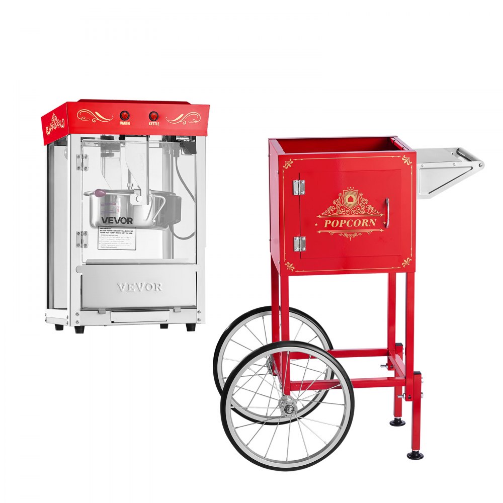 Popcornmachine Popcornmachine met waterkoker en kar, 800 W commerciële popcornmaker, 48 kopjes per lading, met 2-knopsbediening, glazen wand, pc-deur, 1 schep, 3 lepels, rood Popcornmachine Popcornmachine met waterkoker en kar, 800 W commerciële popcornmaker, 48 kopjes per lading, met 2-knopsbediening, glazen wand, pc-deur, 1 schep, 3 lepels, rood