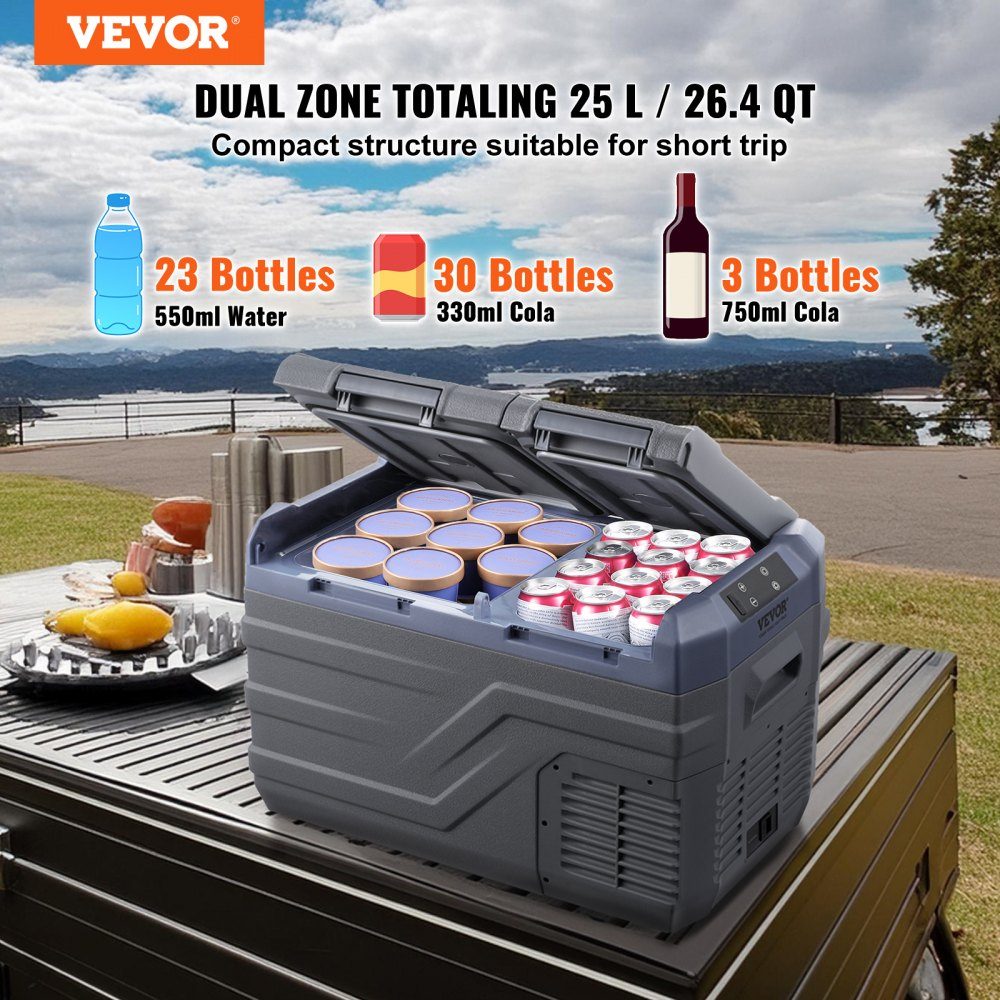 Autokühlschrank, tragbarer 25-Liter-Gefrierschrank mit zwei Zonen, 12-Volt-Autokühlschrank, -4℉-68℉ einstellbarer Bereich, 12/24 V DC und 100–240 V AC Kompressorkühler für Outdoor, Camping, Wohnmobil