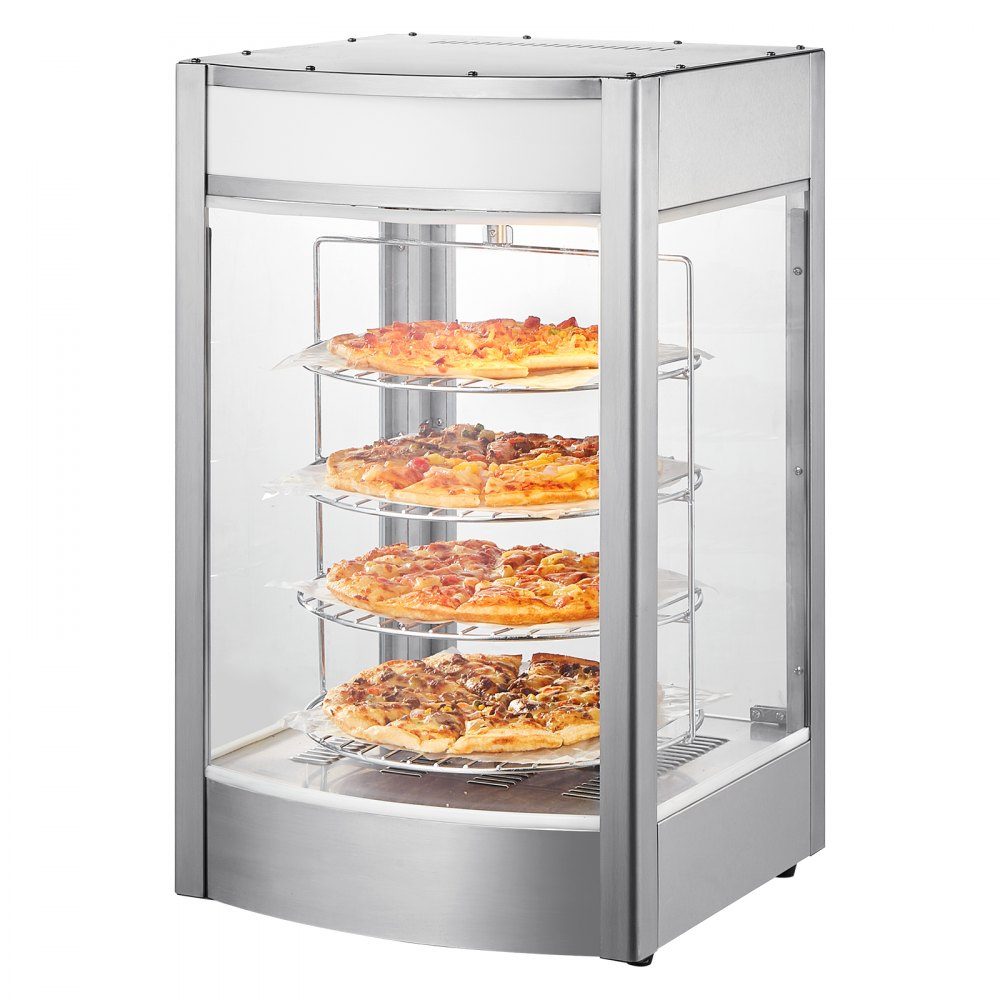 Commerciële Voedselverwarmer voor 14" Pizza, 4-laags Pizzaverwarmer met Roterende Stoomverwarmer, 30℃~85℃ Temperatuurregeling en Temperatuurweergave, 25W Ovenlicht + Top-LED voor Pizzeria, Restaurant