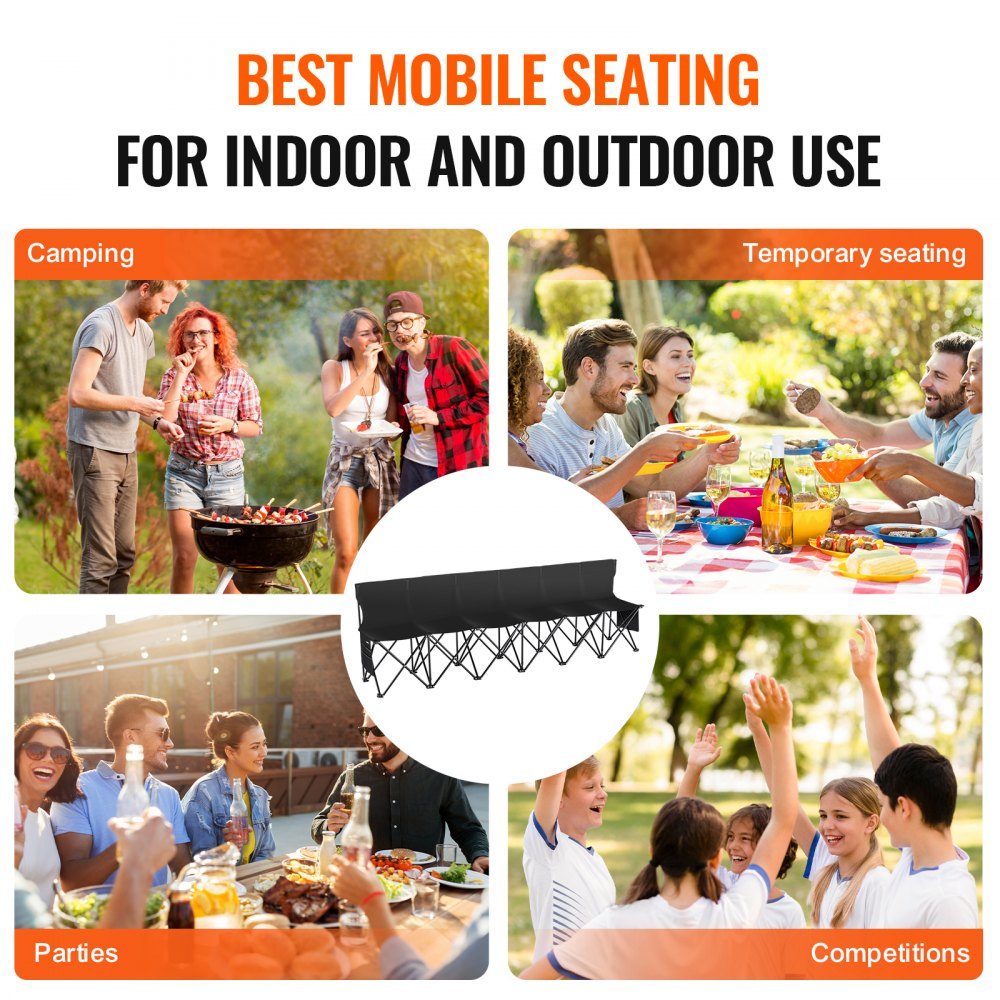 Portable Folding Bench, 6 Seater Folding Side Bench, Outdoor Camping Bench Chair with Carry Bag and Backrest, Team Sports Side Bench for Football Fishing, No Assembly Required, Instant Sitting, Black