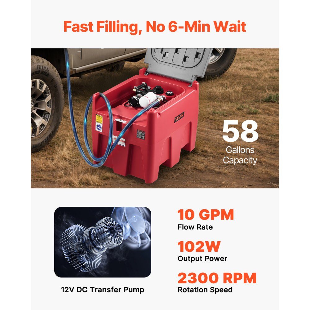 Portable diesel and petrol tank, 220L, 45L/min flow rate, diesel fuel tank with 12V transfer pump, 4m hose, automatic refueling nozzle, fuel transport transfer tank, red