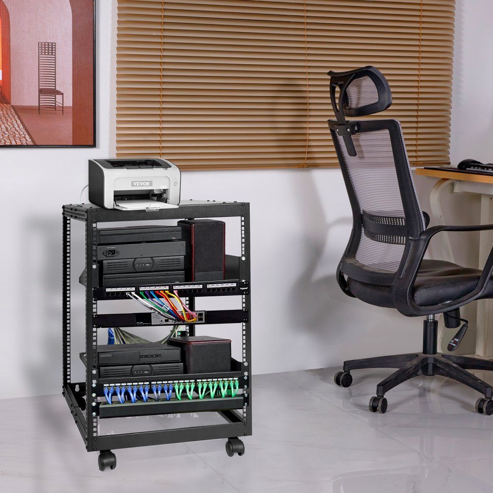 15U-Server-Rack mit offenem Rahmen, 15''-40'' verstellbare Tiefe, freistehender oder an der Wand montierter Netzwerk-Server-Rack, 4-Pfosten-AV-Rack mit Rädern, bietet Platz für Ihre gesamte Netzwerk-IT