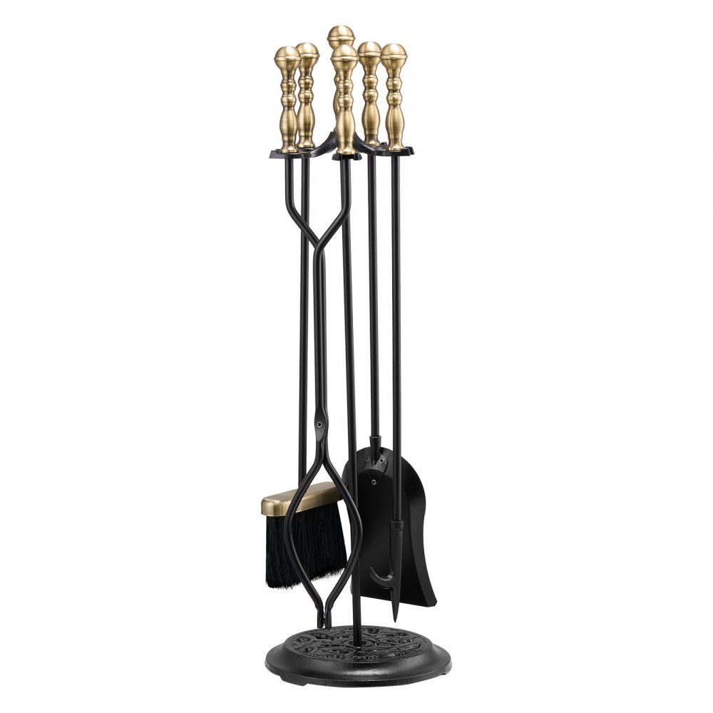 Kaminbesteck-Set, 5-teiliges Herdbesteck-Set, fünfzackiger Ständer, Zange, Aschenschaufel, Bürste, Schürhaken, schmiedeeisernes Kaminzubehör für den Innen- und Außenbereich, Schwarz und Messing