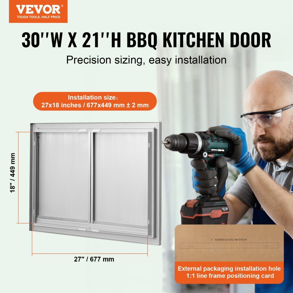 Porte d'accès au gril 762x532x45mm Double porte de cuisine extérieure encastrée en acier inoxydable, porte murale verticale avec poignées rétractables pour Grill Island Grill Station armoire extérieure, etc.