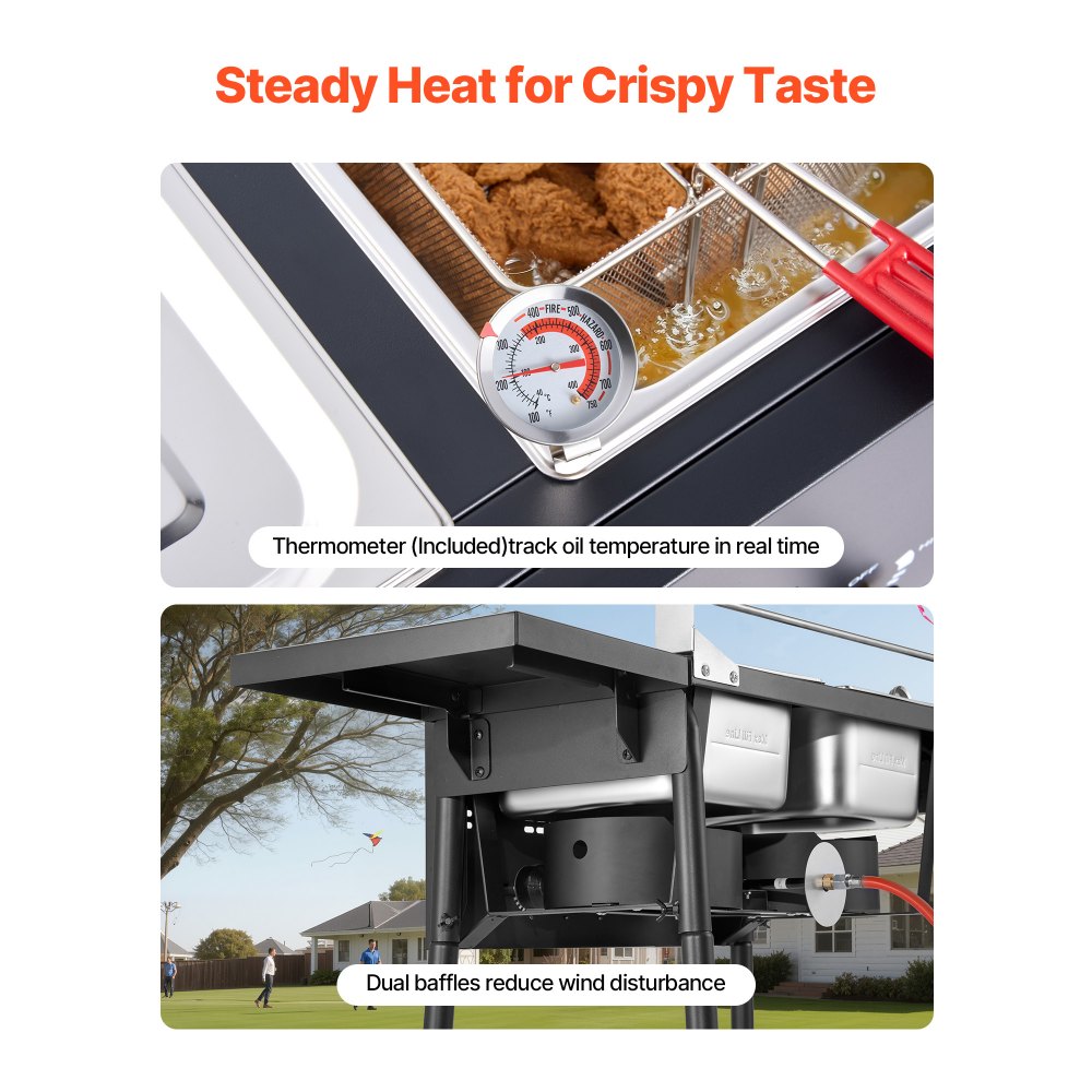 Friteuse commerciale d'extérieur au propane avec 2 réservoirs (9 L x 2), cuisinière en acier inoxydable avec plate-forme pliable, double panier et contrôle de la chaleur, friteuses autoportantes pour restaurants, snack-bars Friteuse commerciale d'extérieur au propane avec 2 réservoirs (9 L x 2), cuisinière en acier inoxydable avec plate-forme pliable, double panier et contrôle de la chaleur, friteuses autoportantes pour restaurants, snack-bars